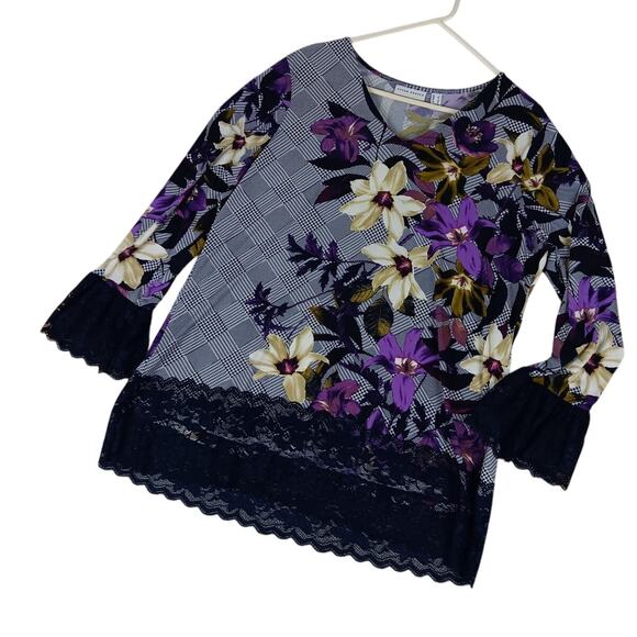Susan Graver Liquid Knit Blouse Womens L Purple/Black Floral Boho Chiffon Ruffle - Picture 2 of 15